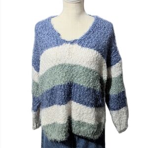 Cozy Blue Green Striped Sweater with Side Slits Fuzzy Soft Sweater Light Knit